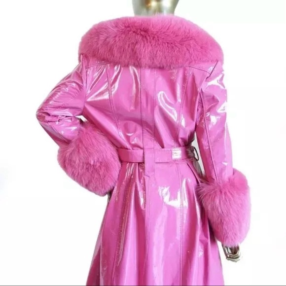 Saks Potts Pink Patent Lamb Leather Coat w/Fox Collar & Cuffs, Size 2/M - Picture 3 of 9